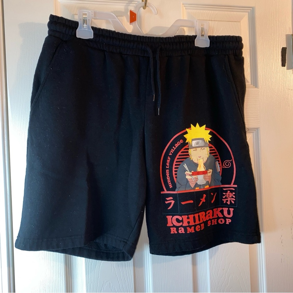 Naruto Mens L 36/38 Fleece Sweat Shorts Drawstring Elastic Waist Pockets Relax